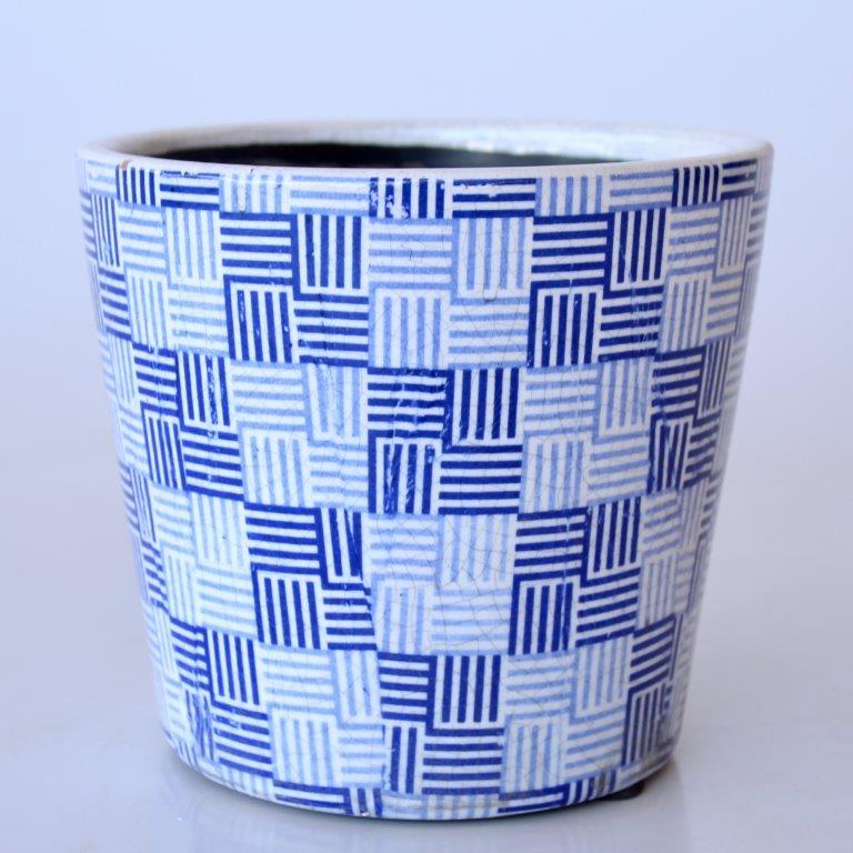BLUE ROUND CRISSCROSS PLANTER  14X16CM